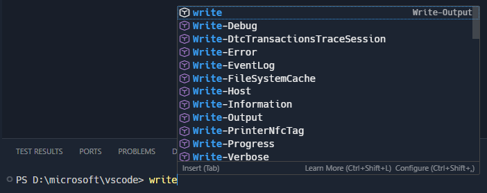 PowerShell で "write" と入力すると、write で始まる補完が表示されるスクリーンショット。