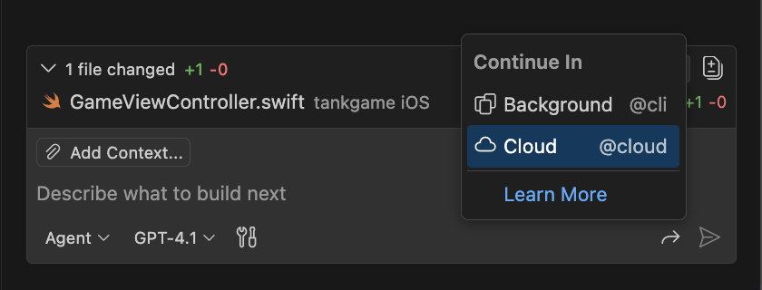 チャットビューの 'Continue in' ボタンを示すスクリーンショット。