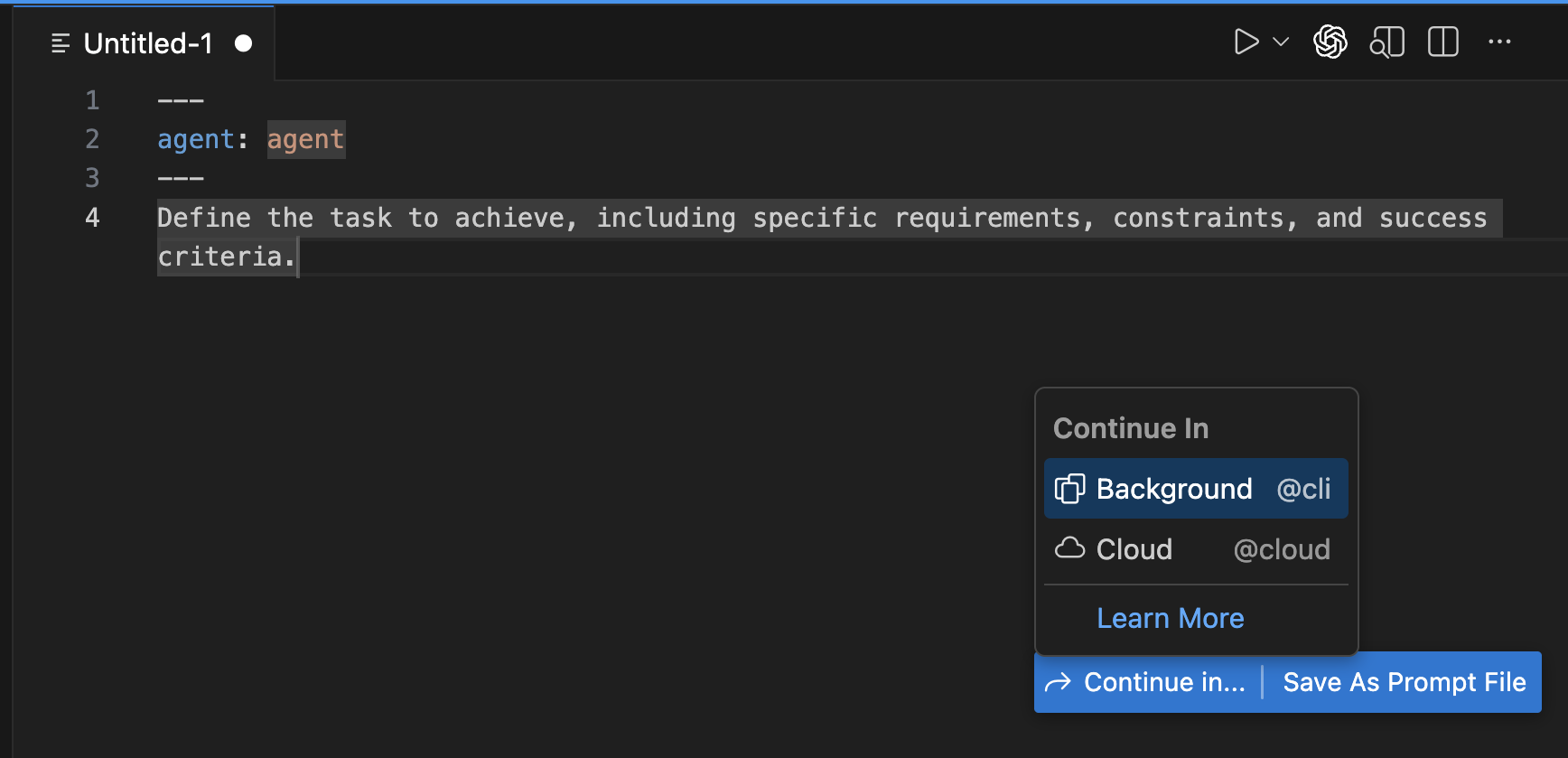 無題のプロンプトファイルの 'Continue in' ボタンを示すスクリーンショット。