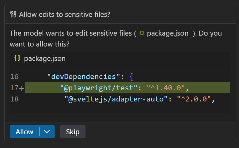 チャットでの package.json への提案された変更の差分を示すスクリーンショット。