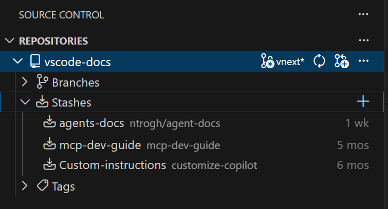Stashes ノードとそのコンテキストメニューを示す Source Control Repositories ビューのスクリーンショット。