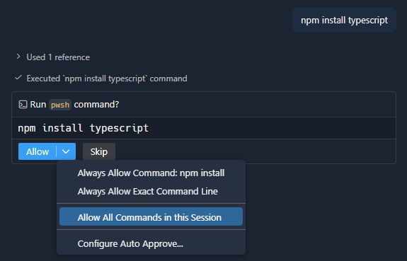 チャットでターミナルコマンドを承認するときに、'Allow All Commands in this Session' オプションを示すスクリーンショット。