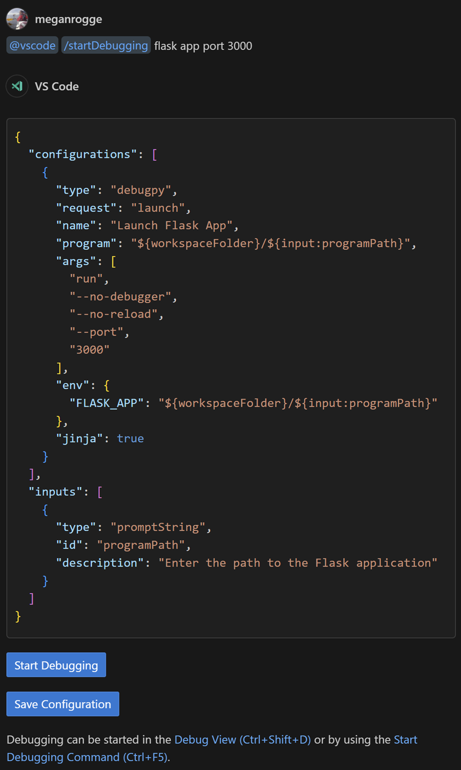 ユーザーがパネル チャットで /startDebugging flask app port 3000 と入力し、起動構成が提供されます。