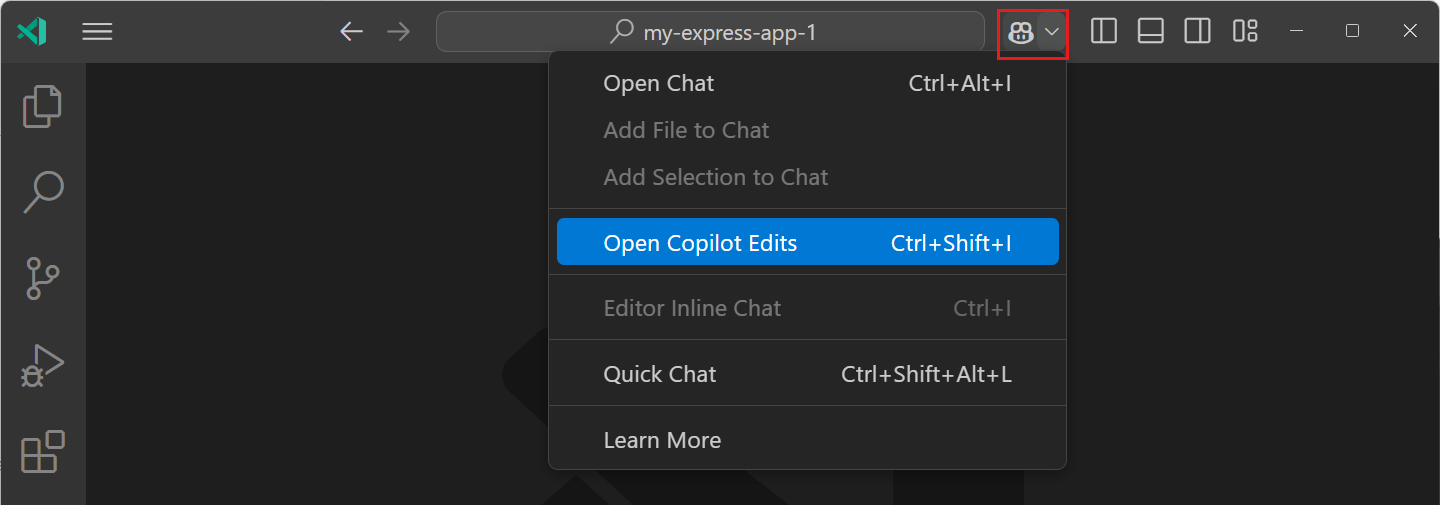 コマンド センターの Copilot メニューを示すスクリーンショットで、編集セッションを開く項目を強調表示しています