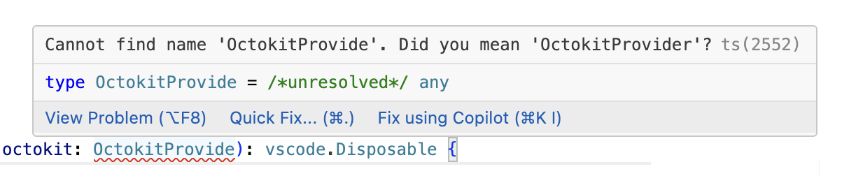 Copilot アクションを使用して修正する問題ホバー。