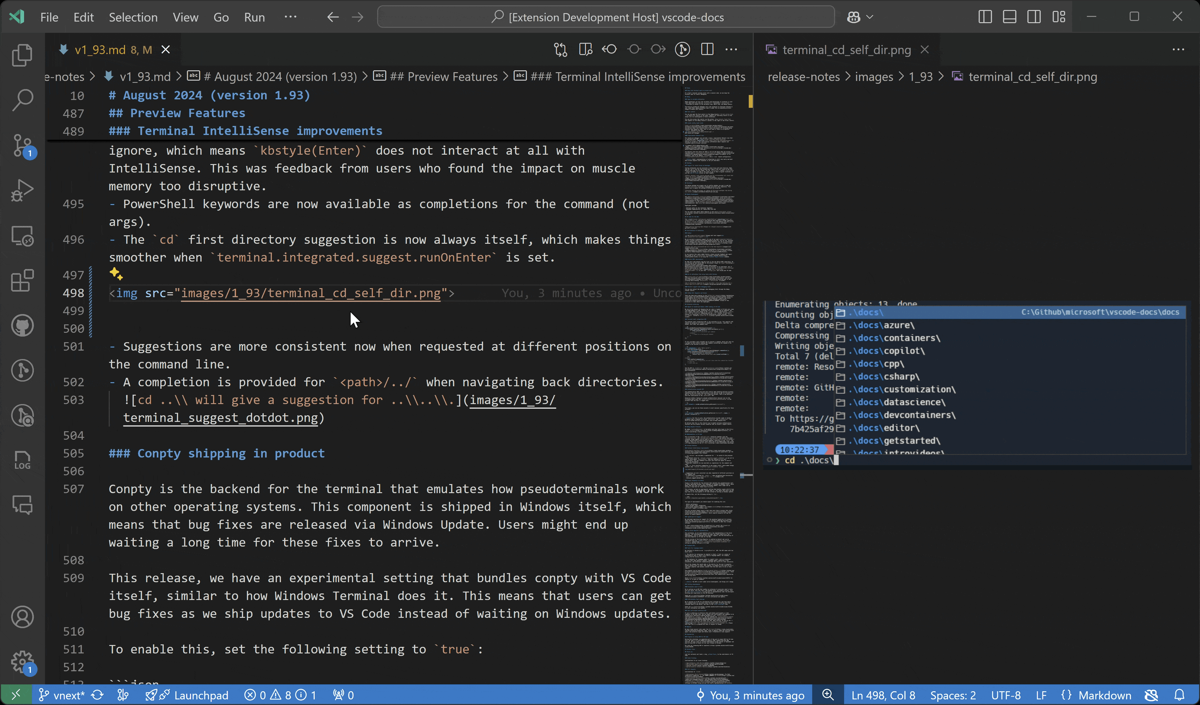 例の Markdown ドキュメントには、代替テキストを生成するためのクイック修正機能が表示され、alt タグと値が自動的に挿入されます。次に、ユーザーは入力ボックスを使用して代替テキストを洗練するための別のクイック修正修正を促されます。ユーザーが洗練された説明を入力して送信すると、代替テキストがそれに応じて更新されます。