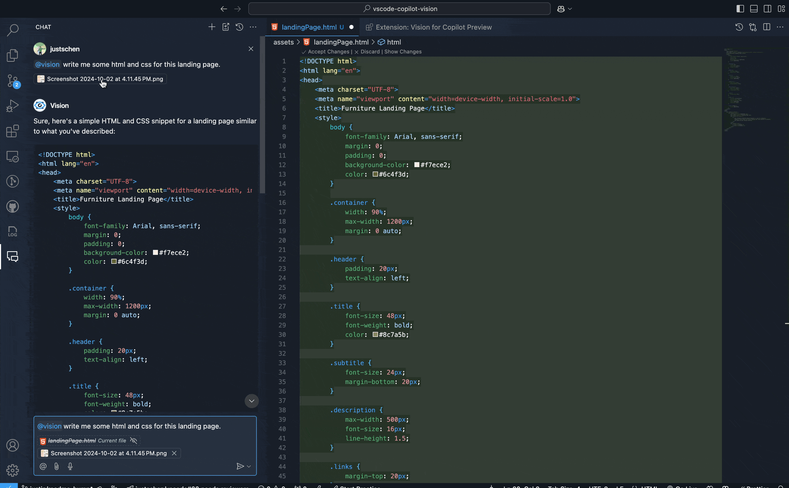 チャットのやり取りのスクリーンショット。ユーザーがランディング ページの HTML と CSS を要求します。応答には、ヘッダー、ナビゲーション リンク (ホーム、アバウト、コンタクト)、および外部 CSS ファイルへのリンクを含む基本的な HTML 構造が提供されます。