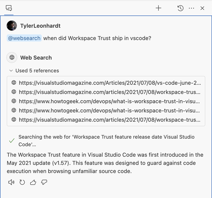 質問「Workspace Trust は vscode でいつ出荷されましたか」と回答が表示され、参照と詳細が表示されます。
