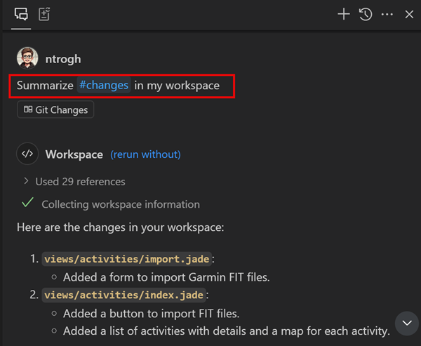Copilot チャットの応答のスクリーンショット。'#changes' を要求すると、変更されたファイルと変更が一覧表示されます。