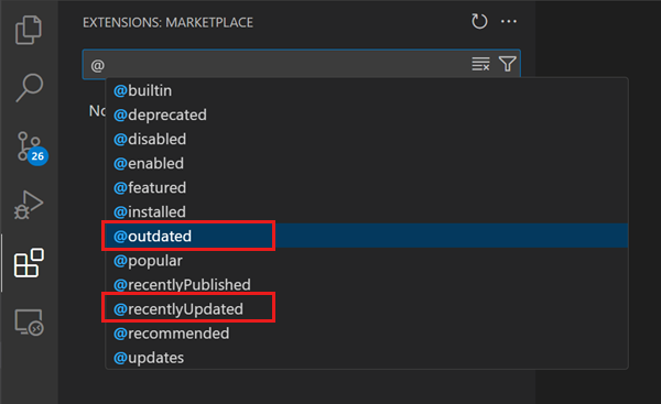 拡張機能ビューのフィルタリングオプションのスクリーンショット。"outdated" および "recentlyUpdated" オプションが強調表示されています。