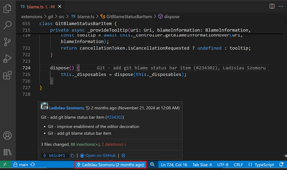 ステータスバーの git blame アイテムにホバーしたときに表示される git blame 情報を示すスクリーンショット。