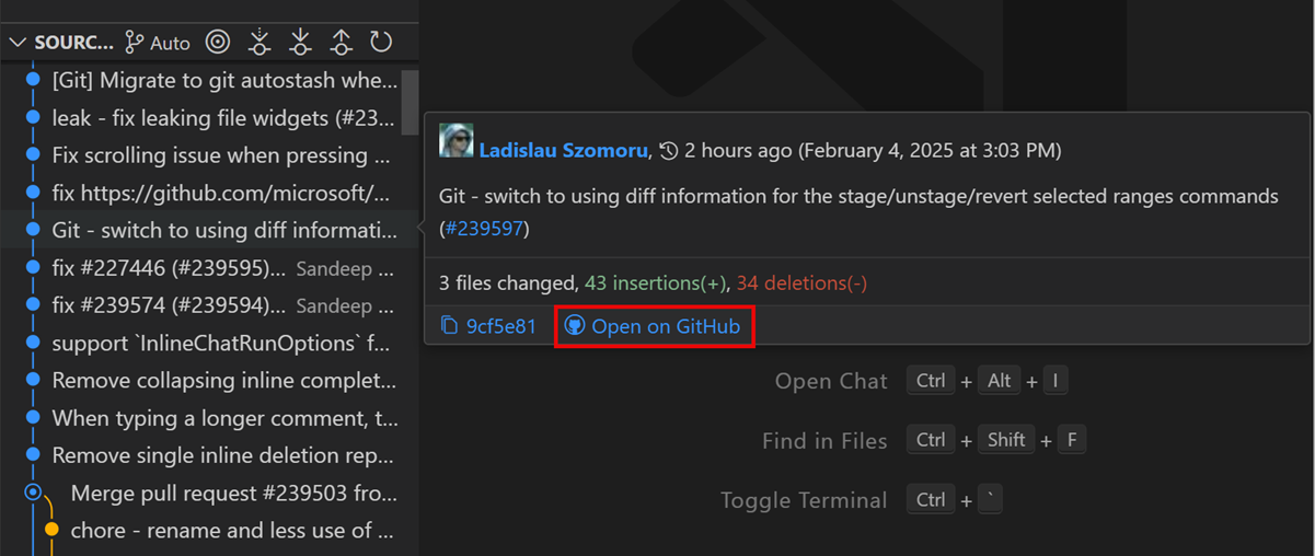 ソース管理履歴アイテムのホバーを示すスクリーンショット。GitHub で開くリンクが強調表示されています。