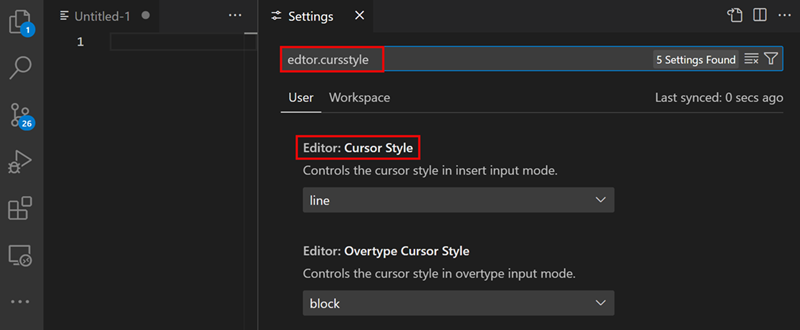 幅の狭い設定エディターのスクリーンショット。"edtor cursstyle" の検索では、"editor.cursorStyle" 設定が表示され、設定の目次は表示されません。