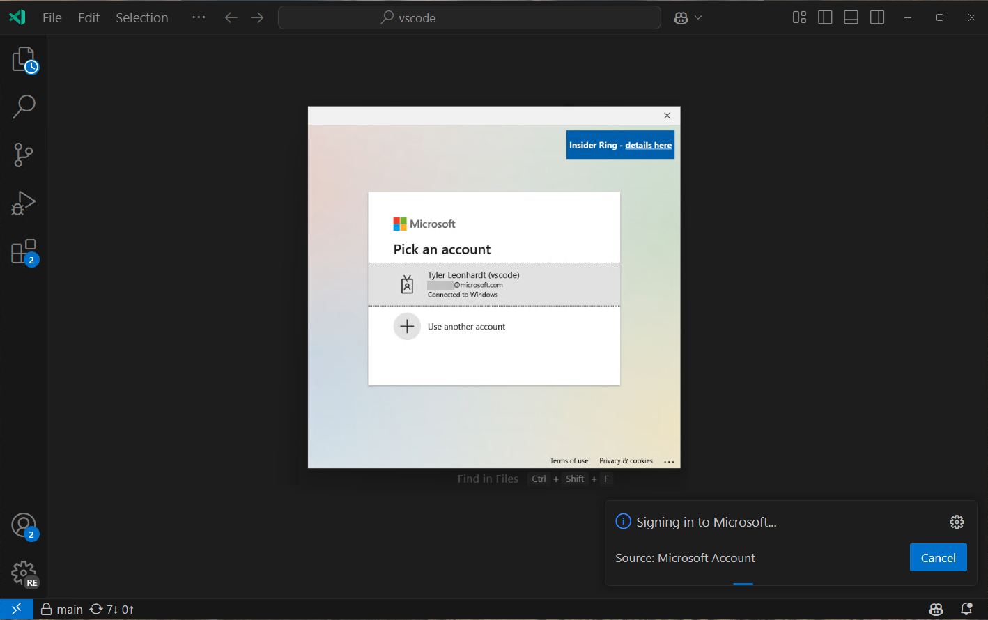VS Code 上に表示される OS の認証ポップアップを示すスクリーンショット。