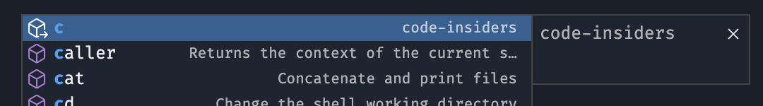 エイリアス c->code-insiders が検出され、コマンドアイコンの隅に小さな矢印が表示される様子を示すスクリーンショット。