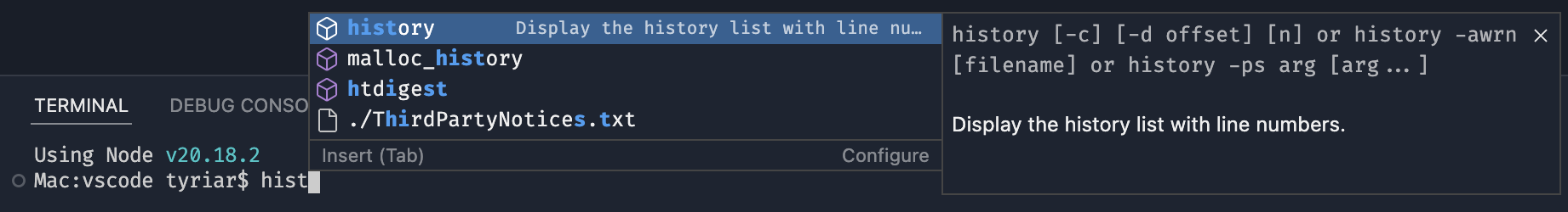 履歴補完を示す bash のスクリーンショット。使用方法情報と説明が表示されています。