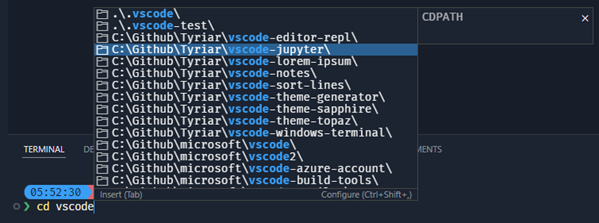 CDPATH に 2 つのパスがセミコロンで区切られて含まれている様子を示すスクリーンショット。PowerShell でも CDPATH がネイティブにサポートされていない場合でも、すべてのサブディレクトリが表示されます。