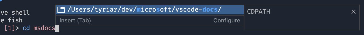 CDPATH エントリが IntelliSense に表示される様子を示すスクリーンショット。