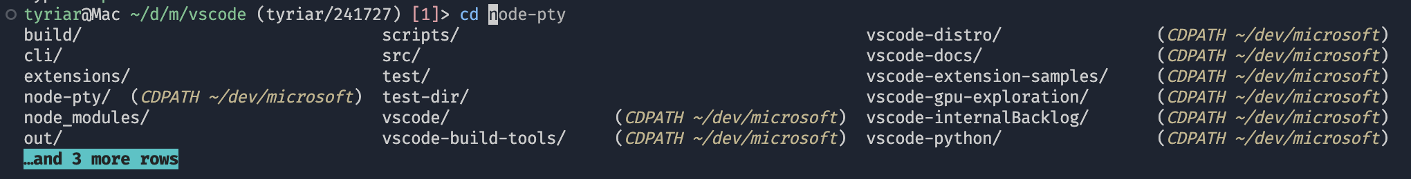 fish でのタブ補完を示すスクリーンショット。CDPATH からのエントリが表示されています。