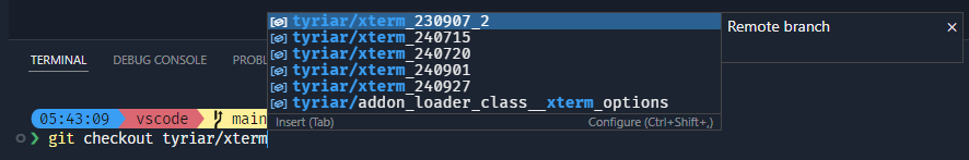 「git checkout tyriar/xterm」の補完を示すスクリーンショット。いくつかの結果が表示され、クエリと完全に一致しないファジー結果も含まれています。