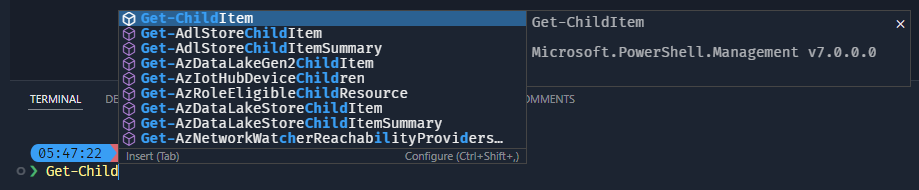 Get-ChildItem の補完を示すスクリーンショット。モジュール Microsoft.PowerShell.Management とそのバージョンが表示されています。