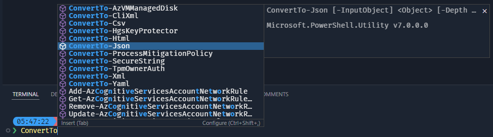 ConvertTo-Json の補完を示すスクリーンショット。コマンドのシグネチャが表示されています。
