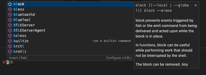 ターミナルにゴースト テキストとして Block コマンドを表示するターミナルのスクリーンショット。最初のサジェストは block であり、使用法情報が含まれています。