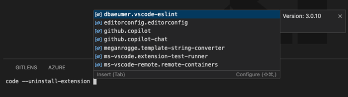 VSCode ターミナルのスクリーンショット。code --uninstall-extension が表示されています。vscode-eslint や editorconfig などの利用可能な拡張機能の一覧が表示されています。