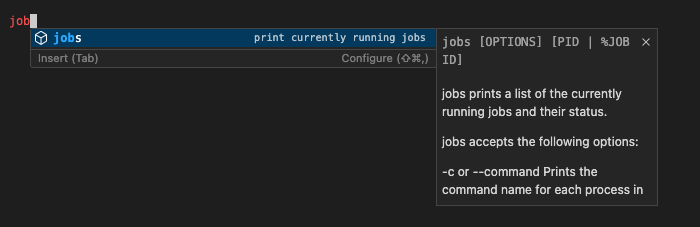 ユーザーが jobs と入力したことを示す fish ターミナルを備えた Visual Studio Code ターミナルのスクリーンショット。表示されているサジェスト ウィジェットは、詳細な使用例とオプションを含む jobs コマンドに関する情報を提供します。