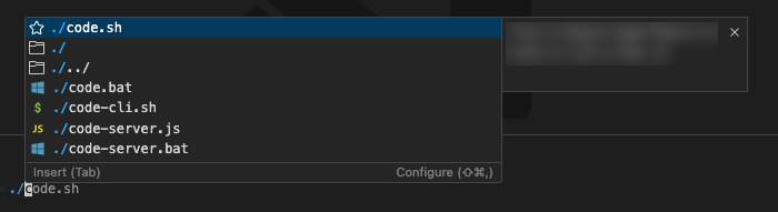 code.sh、code-cli.sh、および code-server.js などのさまざまなスクリプト ファイルのサジェストを示すターミナルのスクリーンショット。アイコンは特定のファイルの種類を示しています。
