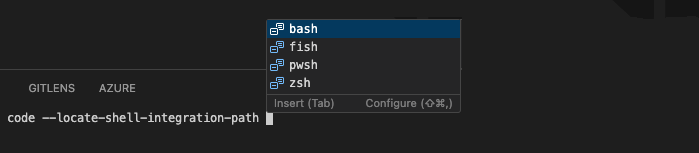 コマンド入力 code --locate-shell-integration-path を示す VSCode ターミナルのスクリーンショット。ドロップダウン メニューには、シェル オプション bash、fish、pwsh、および zsh が一覧表示されています。